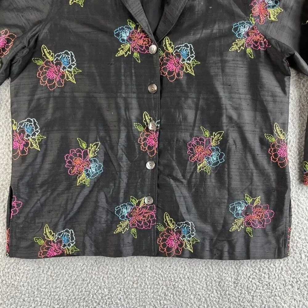 Vintage Laura Ashley Jacket Womens Large Blazer Silk Floral Embroidered Boho‎